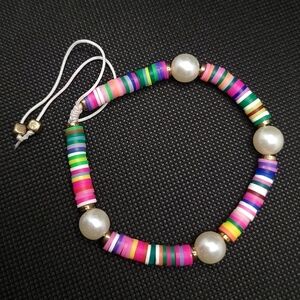 Colorful Polymer Clay Disc Bead And Faux Pearl Bracelet | Rainbow